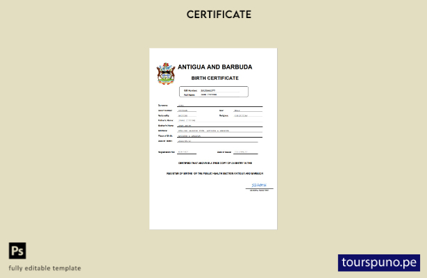 listo para imprimir Certificado de nacimiento de Antigua y Barbuda Plantilla en